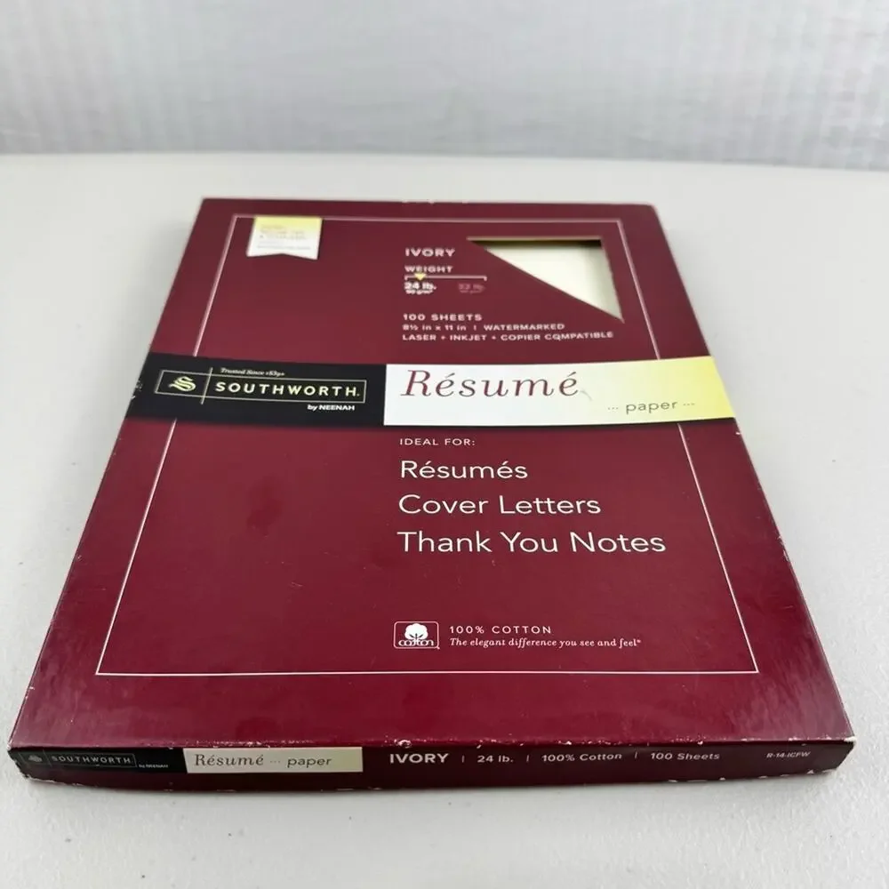 Southworth By Neenah Résumé Paper in Ivory %100 Cotton Watermarked 8 1/2 x 11”